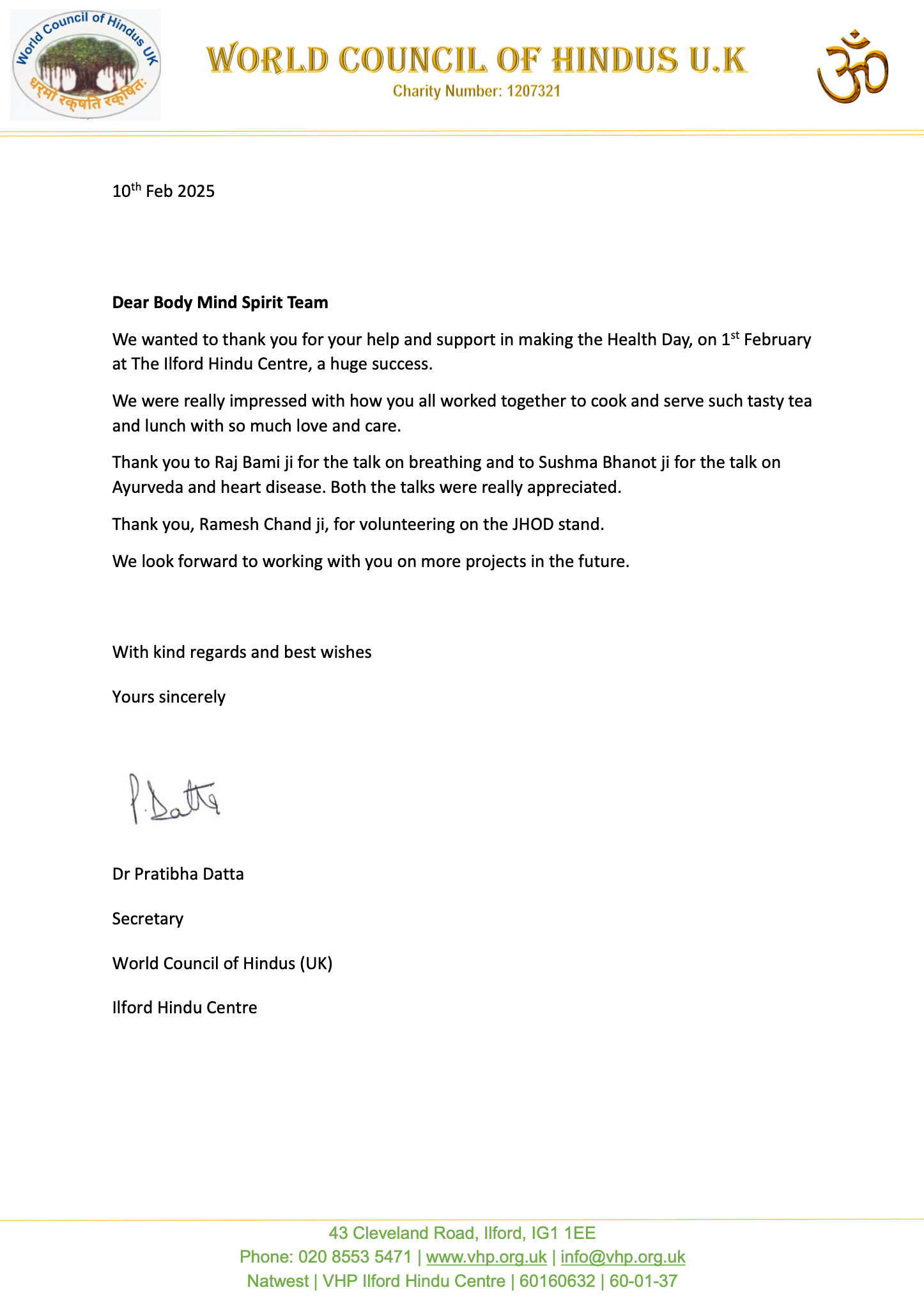 Thank you Note from the World Council of Hindus for Sushma's charitable work